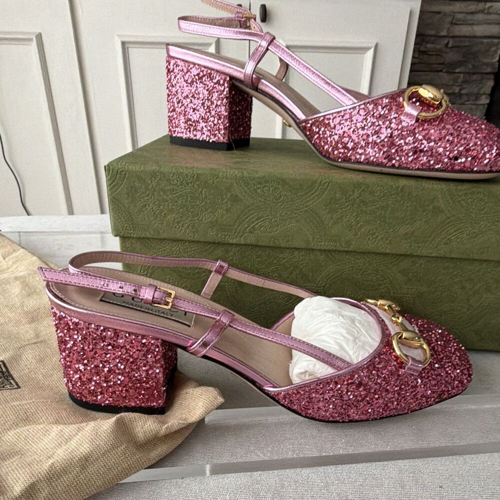 Gucci Horsebit Pink Glitter Metallic Leather Slingback Block Heel Pump 36 NIB